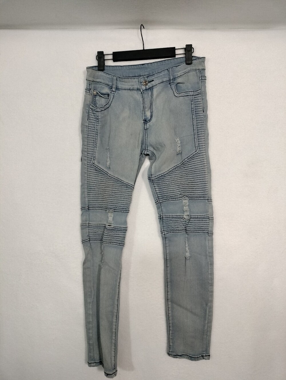 Light Wash Ribbed Moto Jeans for Boys - Light Blue